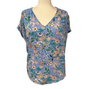 Loft Spring Floral Mixed Media V Neck Blouse Blue Multi